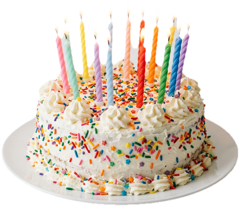 A birthday cake with rainbow sprinkles and twelve lit candles, with a blue label on it.