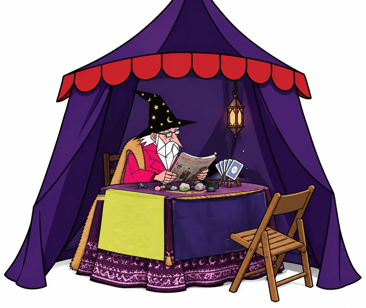 A purple tent at a fair: a wizard in a starry hat reads the paper behind a round table, a fan of cards on a little stand beside him, an empty folding chair waiting in front. The banners on the table say Pick a card, and The Birthday Deck.